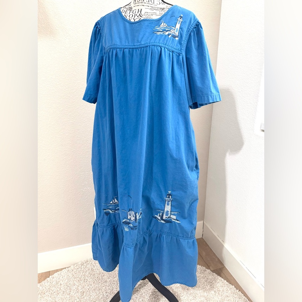 Vintage Blair Blue Lighthouse Embroidered Midi Dress Cotton XL